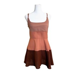 Spring summer sunset dress. M Color Block cyan rose tan coral adjustable straps